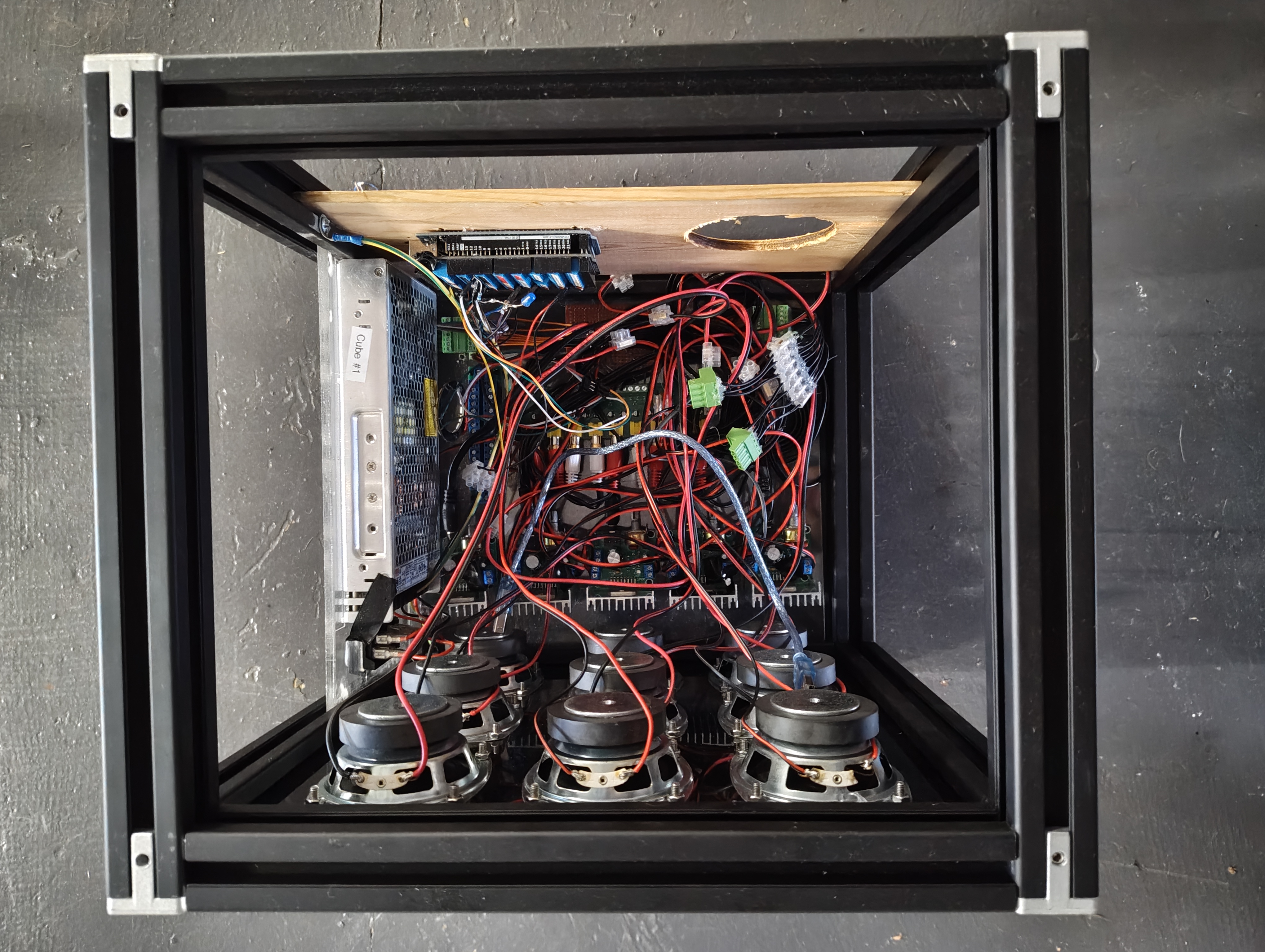 Inside a cube — speakers, wiring, RF filtering